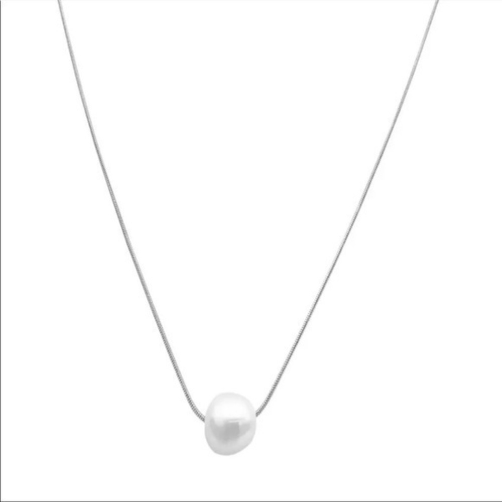 White Rhodium Plated 10mm Freshwater Pearl Pendant Necklace (JA001)